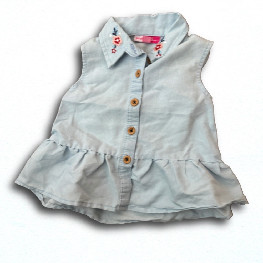 Penelope Mack Girls Light Blue Sleeveless Embroidered Collar Peplum Top 2T